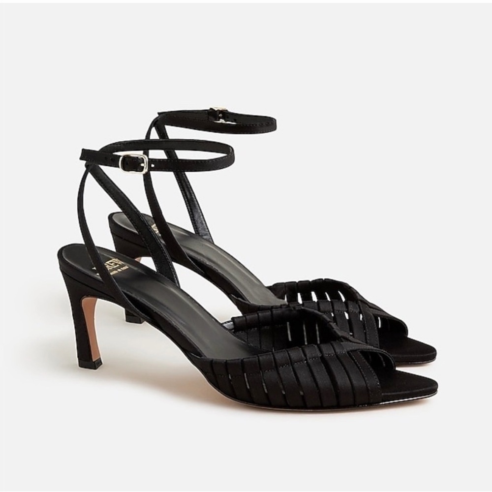 J. Crew Made in Italy Black Satin Strappy Woven Ankle-Strap Heels